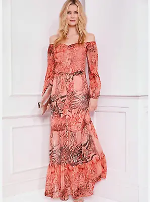 One By Kaleidoscope Size 10 Coral Animal Print  Maxi Dress Off The Shoulders NEW • £4.99