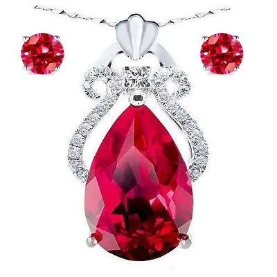 Sterling Silver Simulated Ruby Heart Pendant Necklace Earring Set For Her • $43.32