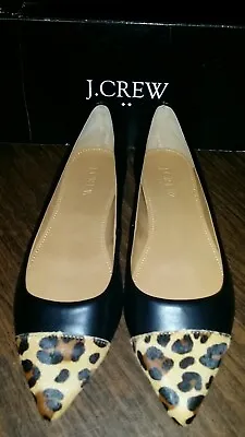 NEW J Crew Amelia Leopard Cap Toe Flats Black Calf Hair Size 5.5 • $38