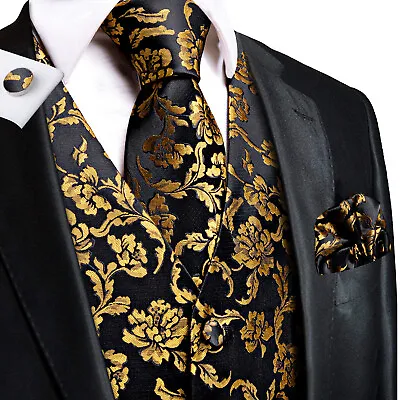 $9.99 • Buy Men's Silk Vest Waistcoat ,Gold Black Paisley Vest Hanky Cufflinks Set 3XL