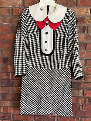 Vintage 1950s Carlette Tie Bow Dress Houndstooth Peter Pan Collar Long Sleeve • $49.99