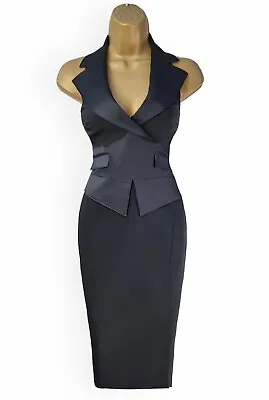 Karen Millen Vintage UK10 US6 Wool Rich Halter Tuxedo Pencil Dress Black ExCon • £69.99