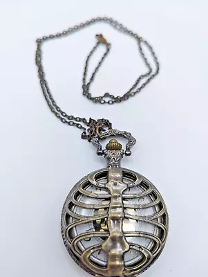 Bronze Steampunk Skeleton Rib Design Pocket Watch Necklace Chain New Battery • $7.95
