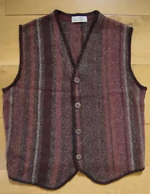 Vintage Knitted Gilet Waistcoat M&S Medium 82% Wool + Silk/Linen Burgundy Stripe • £18