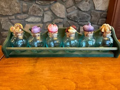 6 Vintage GLASS SPICE JARS Vegetables Made In Italy Plus Wooden Rack- Rare • $39.99