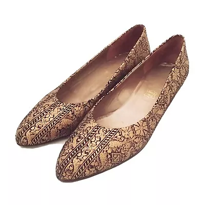 BRUNO MAGLI - VTG Rococo Gold Embroidered Black Satin Ballet Flats Slippers 6.5 • $125