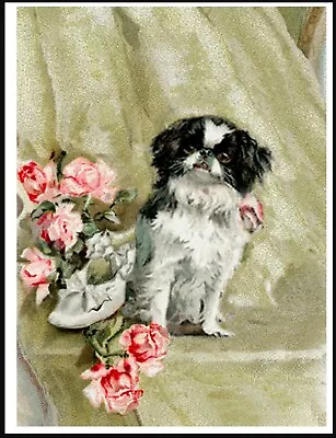 Japanese Chin & Pink Roses Lovely Vintage Style Dog Art Print Poster  • £4.99