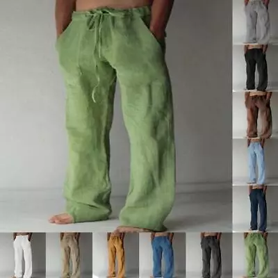 Casual Men's Cotton Linen Pants Drawstring Trousers Comfort Loose Wide Leg Pant • $17.99