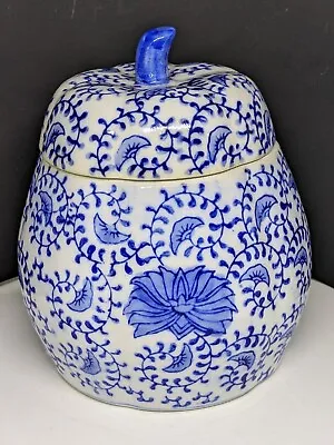 Vintage Chinese Porcelain Blue & White Pumpkin Shaped Ginger Jar 6  Tall • $35
