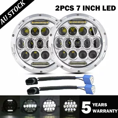 Pair Round 7 Inch LED Headlight DRL Light Chrome For Land Rover 90 110 Defender • $70.99