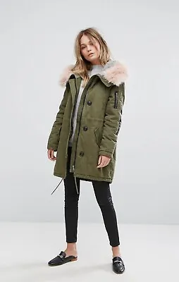 Vero Moda Contrast Faux Fur Parka Ivy Green With Pink Faux Fur M NWT • $100