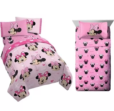 Minnie Mouse Faces Bows Pink White Reversible 4 Pc Comforter Sheet Bedding Set • $49.99