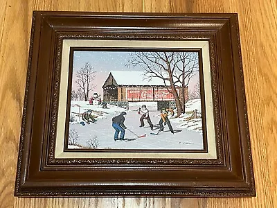 C. Carson Vintage Framed Canvas Oil Painting Winter Scene With Coca Cola • $34.99