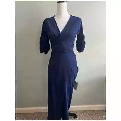 Area Stars Womens Wrap Dress Blue Silver Midi V Neck 3/4 Sleeve Metallic L New • $79.99