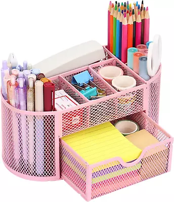 Pink Desk Accessories Pen Holder For Desk Mesh Desk Organizer With 8 Compartme • $18.40