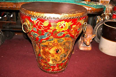 $429.99 • Buy HUGE Antique Chinese Korean Ceremony Buddhist Temple Drum Painted Tigers Rabbits