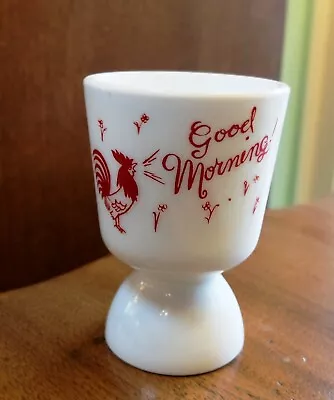 Vintage Milk Glass Red Graphics Rooster Good Morning Double Egg Cup  • $26.99