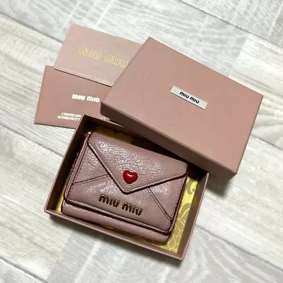 Miumiu Trifold Wallet Madras Love Letter Leather Heart Pink • $158.04