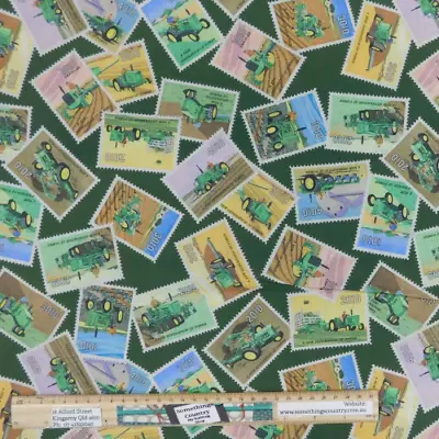 Quilting Patchwork Fabric John Deere Tractors Green Stamps 50x55cm FQ • $8.25