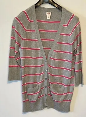 Mossimo Grey Pink Striped V Neck Button Down Ribbed 3/4 Sleeve Cardigan XXL • $16