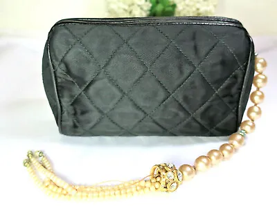 Vintage CHANEL Black Satin Pearls Diamante Dangling Clutch Bag Hand Bag • $880