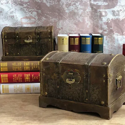 Vintage Wooden Pirate Treasure Chest Box Trinket Keepsake Storage Case With Lock • $22.08