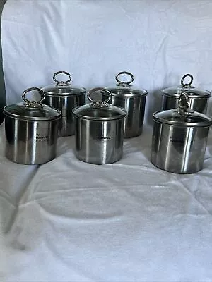 Vtg Well Equipped Kitchen Canister Set Stainless Steel Glass Tops ~ Set Of 6 • $29.99