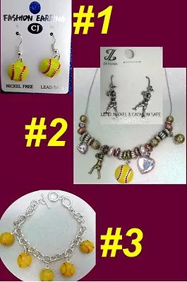 $5.50 • Buy SOFTBALL Sports Mom Girl Ball Bat Team School Yellow Set Glove Earring  Jewelry