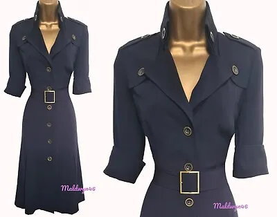 Karen Millen ✩ Classic Navy Belted Military Shirt Style Work Dress ✩ Uk 12 / 14 • £84.99