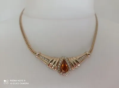 £14.99 • Buy VTG Gold Tone Flat Snake Chain Amber Glass & Diamante Panel Necklace-42cm Long