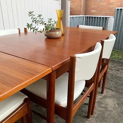 $2600 • Buy Mid Century Modern Parker Dining Set 6 Chairs Table 7 Piece White Vinyl Teak