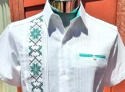 Men White Presidential Guayabera Embroidered Casual Shirt Button Wedding Mexico • $59.95