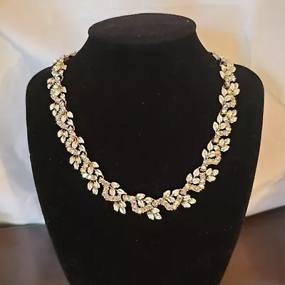 Vintage CORO Signed AB Rhinestone White & Gold Tone Accent Floral Leaf Necklace • $19.99