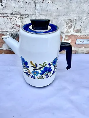Mid Century Enamel Coffee Pot Vintage French White Blue Flowers 70s #8s • £10