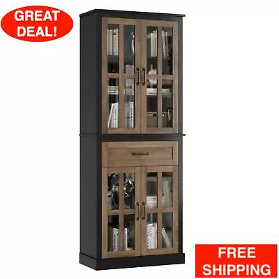 71'' Tall Wooden KItchen Bathroom Cabinet 4 Glass Doors Pantry Cupboard Bookcase • $230.99