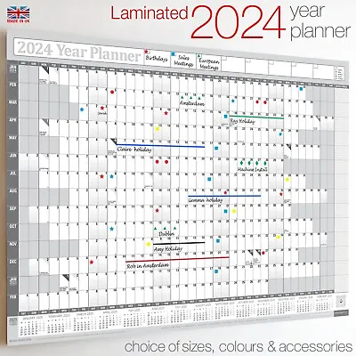 Year Planner 2024 ✔LAMINATED Calendar Wipe Clean Wall Chart Annual✔Stickers✔Pen • £9.99