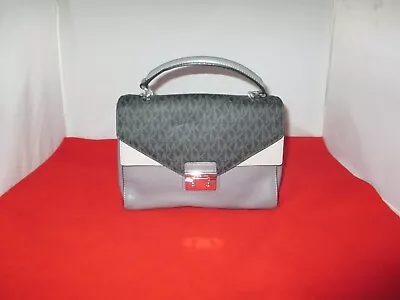 Michael Kors Sloan Medium Top Handle Leather Satchel $268 Black / Grey  #2910 • $99.99