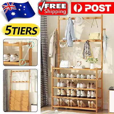 $54.95 • Buy Large Wooden 5 Tiers Hat Coat Stand Clothes Shoe Rack Hanger Hooks Shelf Storage