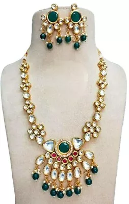 Green Indian Wedding Traditional Gold Plated Kundan Bollywood Long Necklace Set  • $69.99