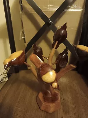 $5.99 • Buy Vintage Folk Art Hand Carved Wooden Bird Tree W/Beaded Eyes 6 Wooden Birds