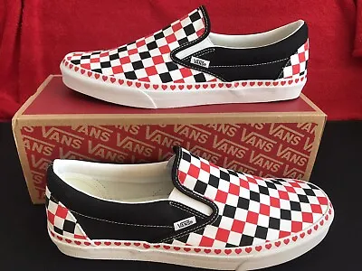 New Boxed Vans Classic Slip Ons Size 12 Wide Fit Hearts Red Black • £29.99