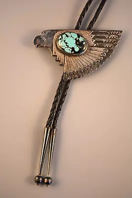 Rare - Eddy Chaco - Silver Turquoise Navajo Indian Bolo Tie - Eagle • $550