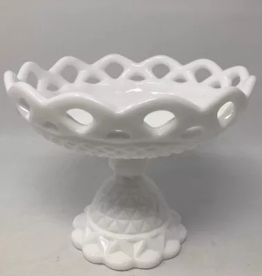 Vintage Imperial Footed Pedestal Milk Glass Compote Lace Edge Diamond Point • $13.78