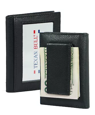 Mens Genuine Leather Money Clip Wallet Magnetic Black ID Credit Card Holder MC18 • $10.44