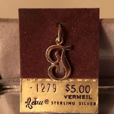 NEW VTG Beau Sterling Silver Vermeil Initial T Charm Pendant 3/4  Original Card • $14.95