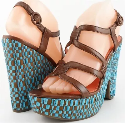 $225 VIA SPIGA CAI Tobacco Turquoise Designer Platform Sandals 8.5 EUR 40 • $58.49