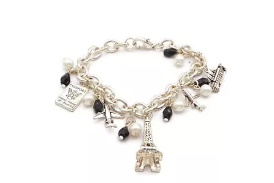 Vintage Charm Bracelet Silver Tone Faux Pearl Travel Paris Airplane 7  • $19.99