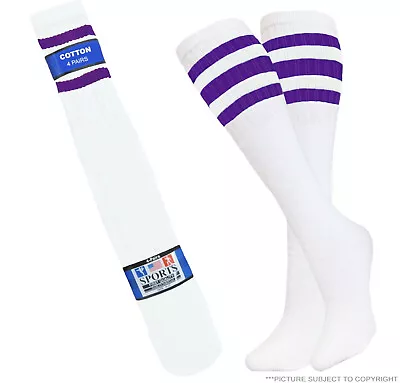 4 Pairs  Striped Tube Socks Purple 22 Inches Old School Long Socks Cotton • $13.50