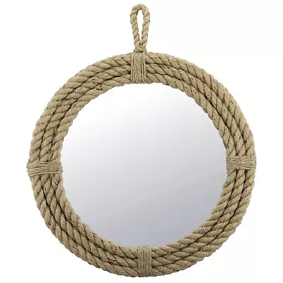 Vintage Nautical 16.5  Round Wall Mirror With Rope Wrapped Trim And Hanging L... • $57.49