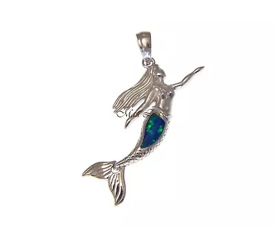 925 Sterling Silver Hawaiian Mermaid Movable Tail Blue Opal Pendant • $38.39